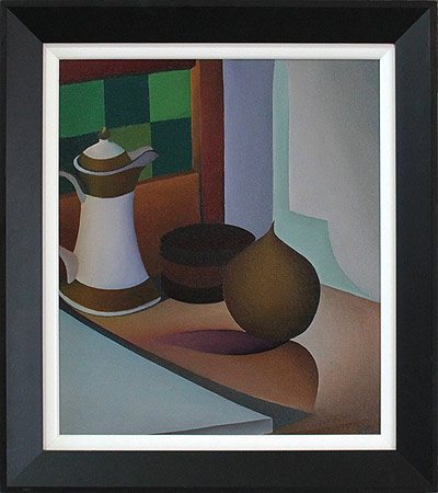 Carl Foster nz abstract artist, still life with coffee pot, oil on board
